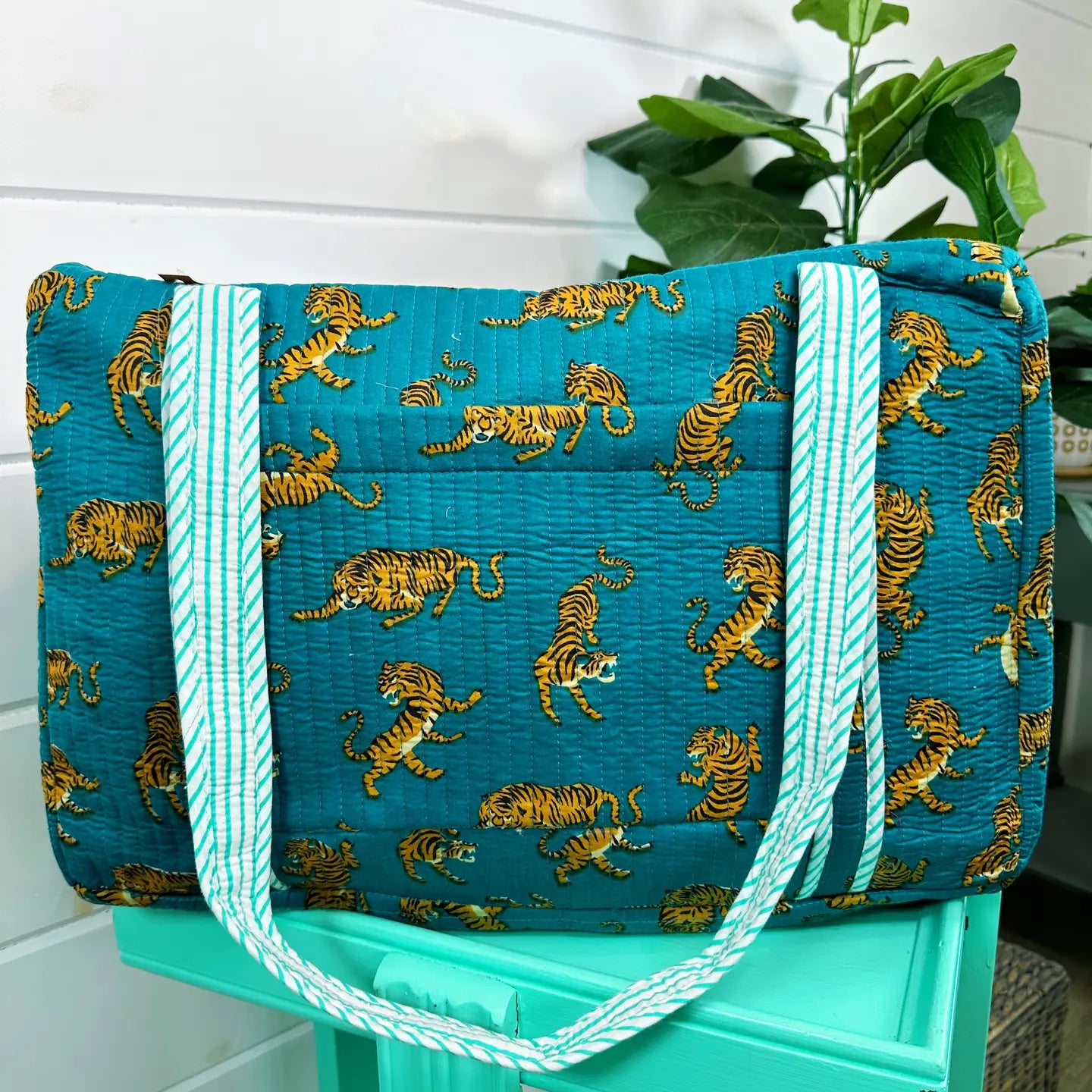 Teal Tiger Print Quilted Duffle Weekender Overnight Travel Bag
