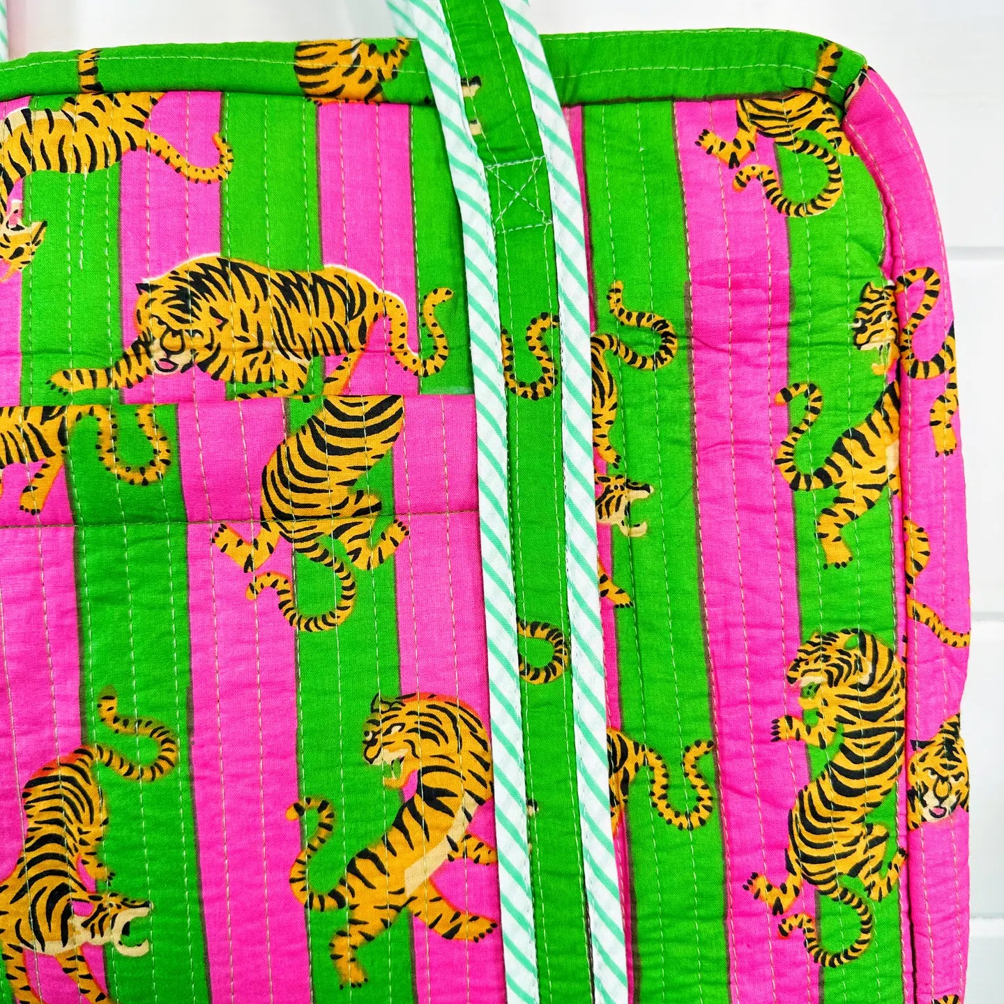 Pink and Green Striped Tiger Print Quilted Duffle Bag | Weekender & Overnight Travel Bag