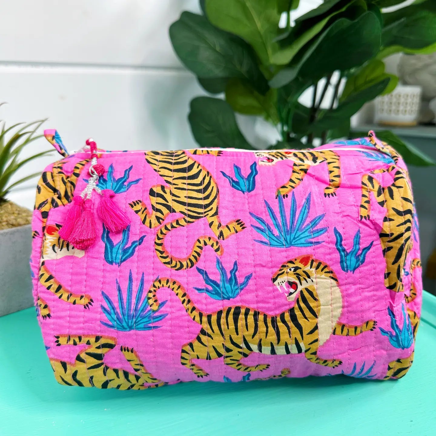 Pink Tiger with Blue Print Quilted Travel Cosmetics Bag