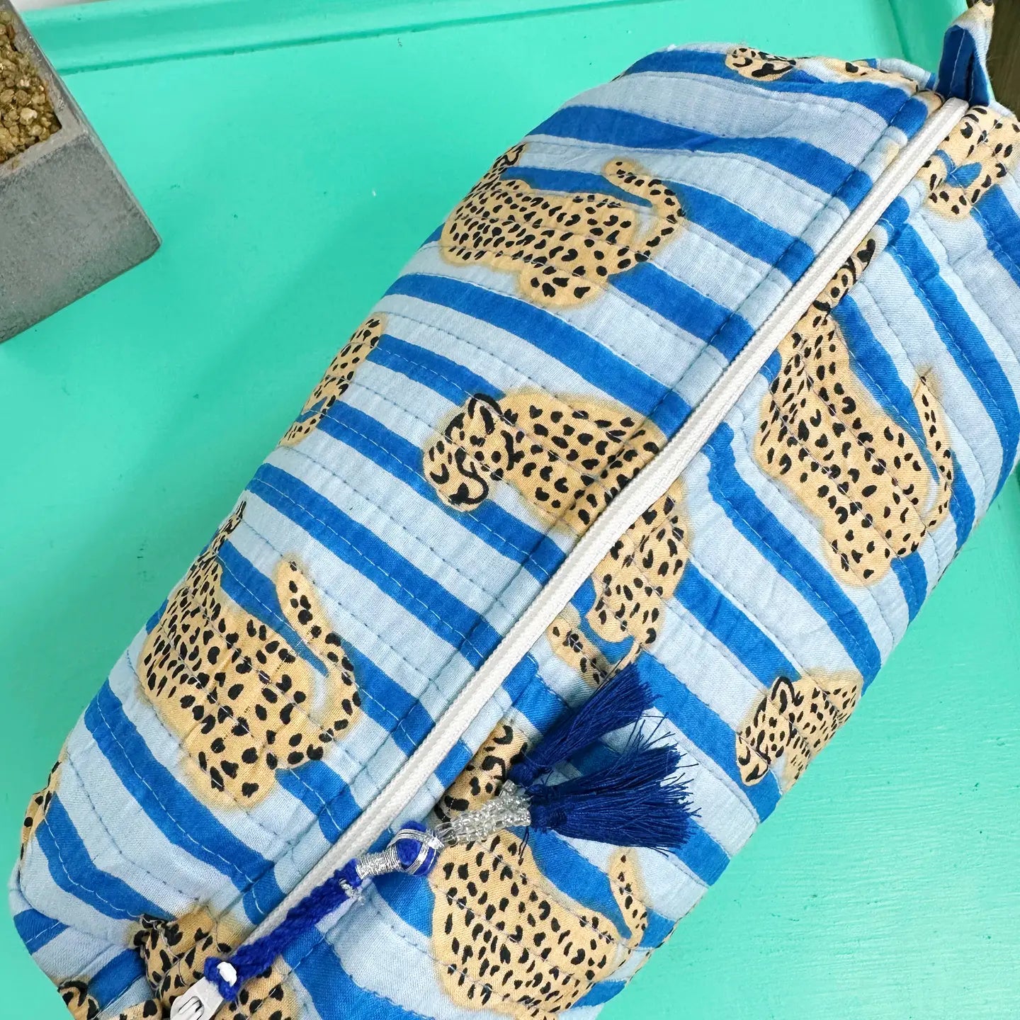 Blue Striped Jaguar Print Quilted Cosmetics Bags