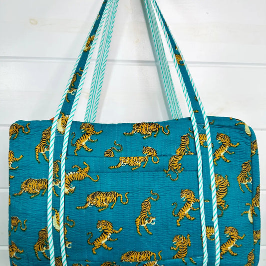 Teal Tiger Print Quilted Duffle Weekender Overnight Travel Bag