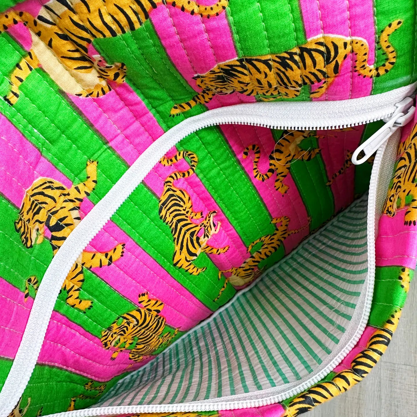 Pink and Green Striped Tiger Print Quilted Duffle Bag | Weekender & Overnight Travel Bag