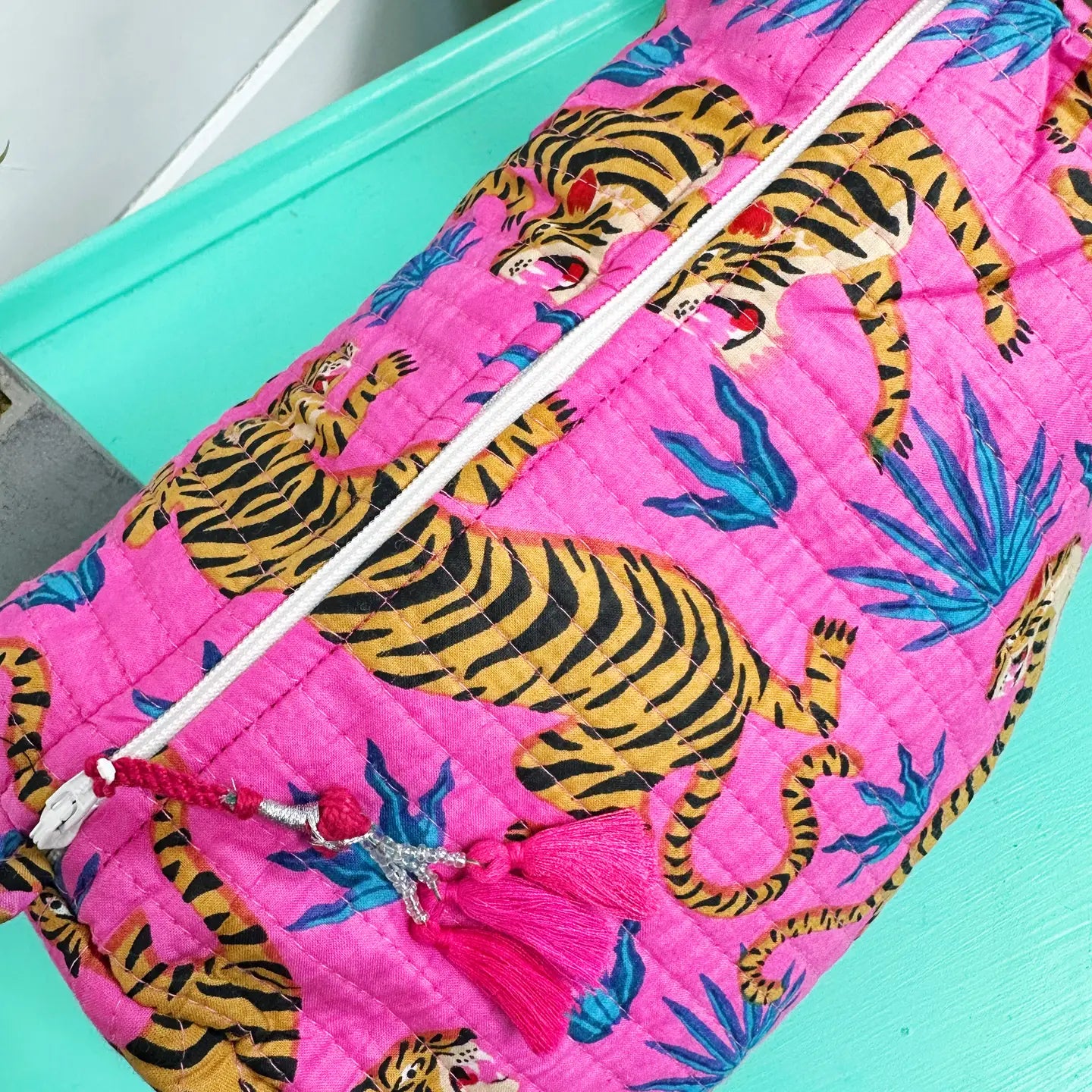 Pink Tiger with Blue Print Quilted Travel Cosmetics Bag