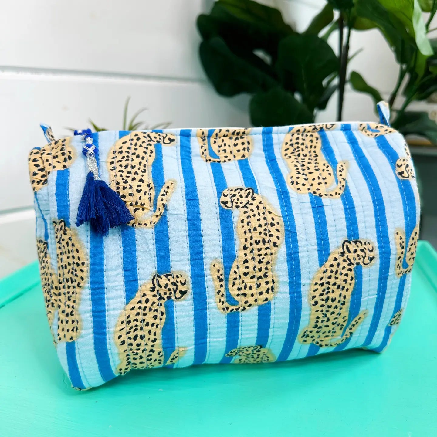 Blue Striped Jaguar Print Quilted Cosmetics Bags