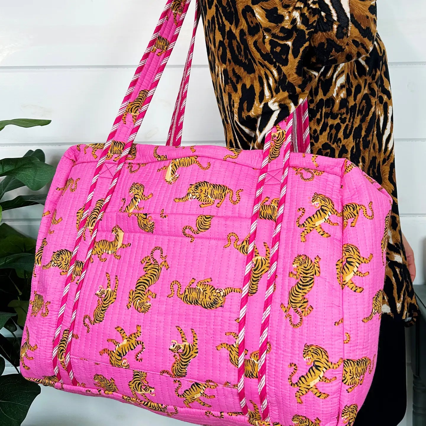 Pink Tiger Print Quilted Duffle Weekender Overnight Travel Bag