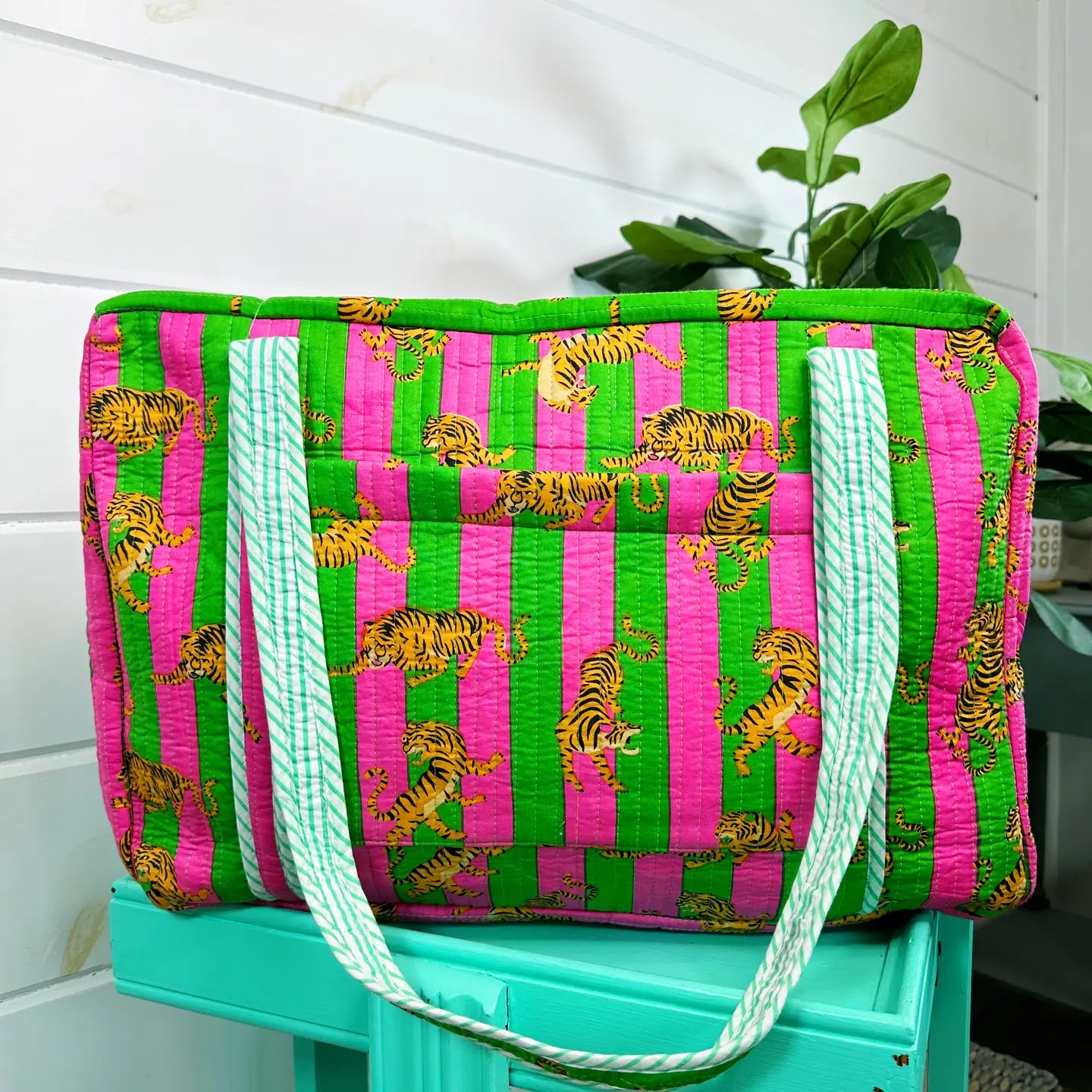 Pink and Green Striped Tiger Print Quilted Duffle Bag | Weekender & Overnight Travel Bag