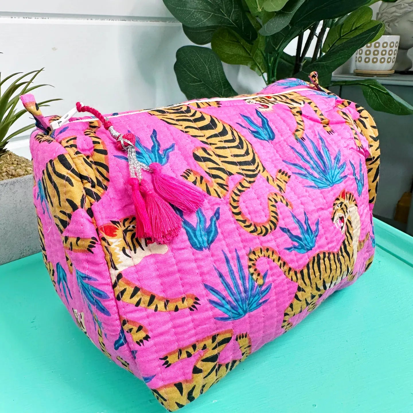 Pink Tiger with Blue Print Quilted Travel Cosmetics Bag