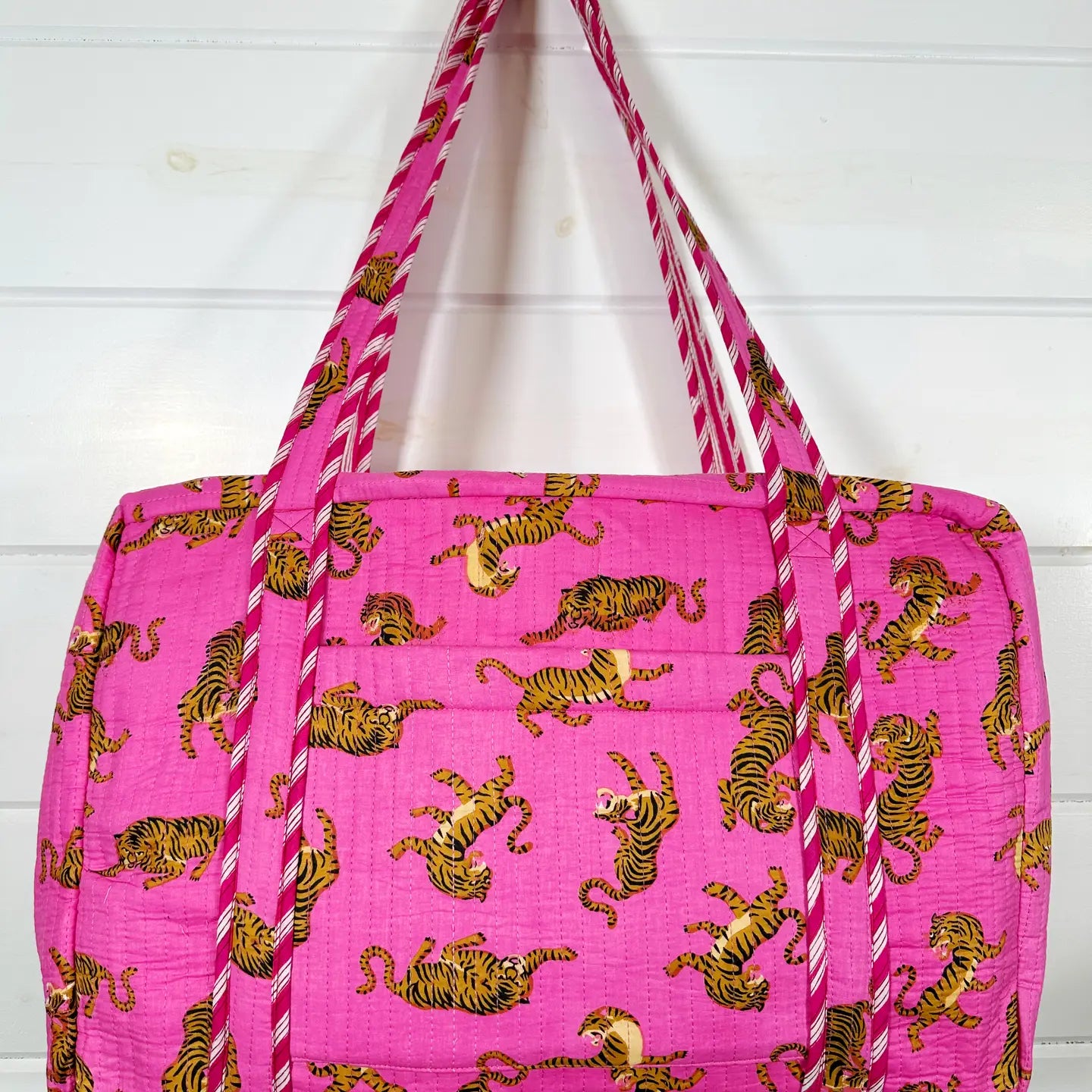 Pink Tiger Print Quilted Duffle Weekender Overnight Travel Bag