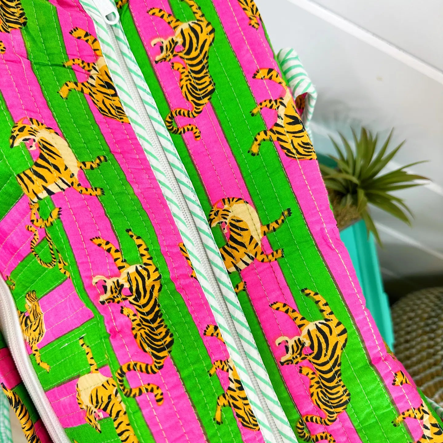 Pink and Green Striped Tiger Print Quilted Duffle Bag | Weekender & Overnight Travel Bag