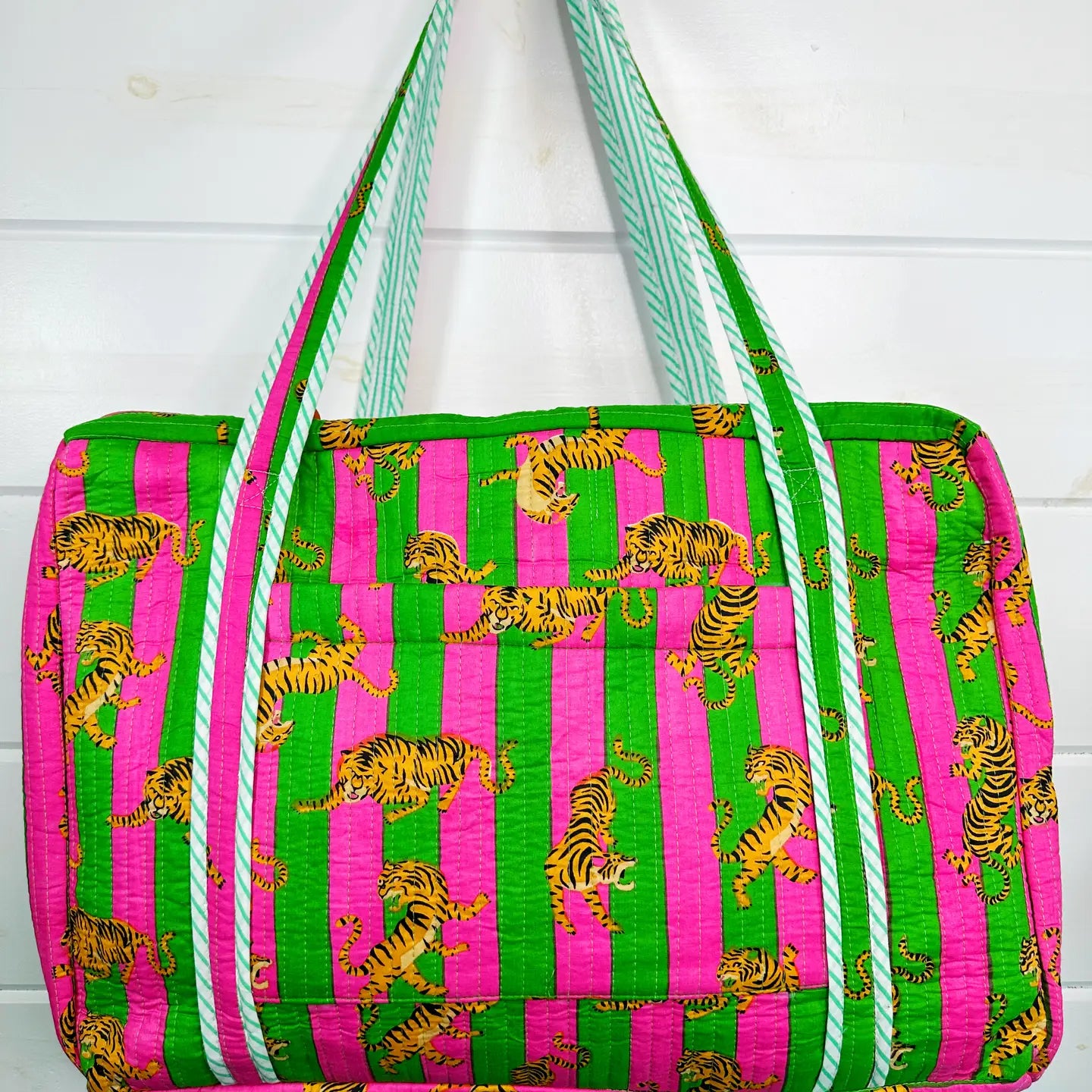 Pink and Green Striped Tiger Print Quilted Duffle Bag | Weekender & Overnight Travel Bag