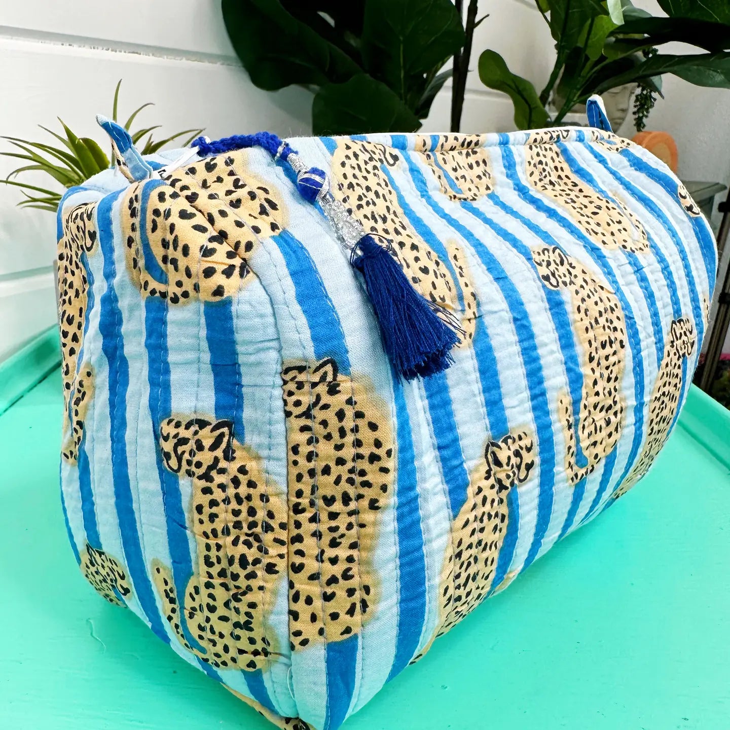 Blue Striped Jaguar Print Quilted Cosmetics Bags