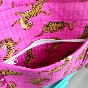 Pink Tiger Print Quilted Duffle Weekender Overnight Travel Bag